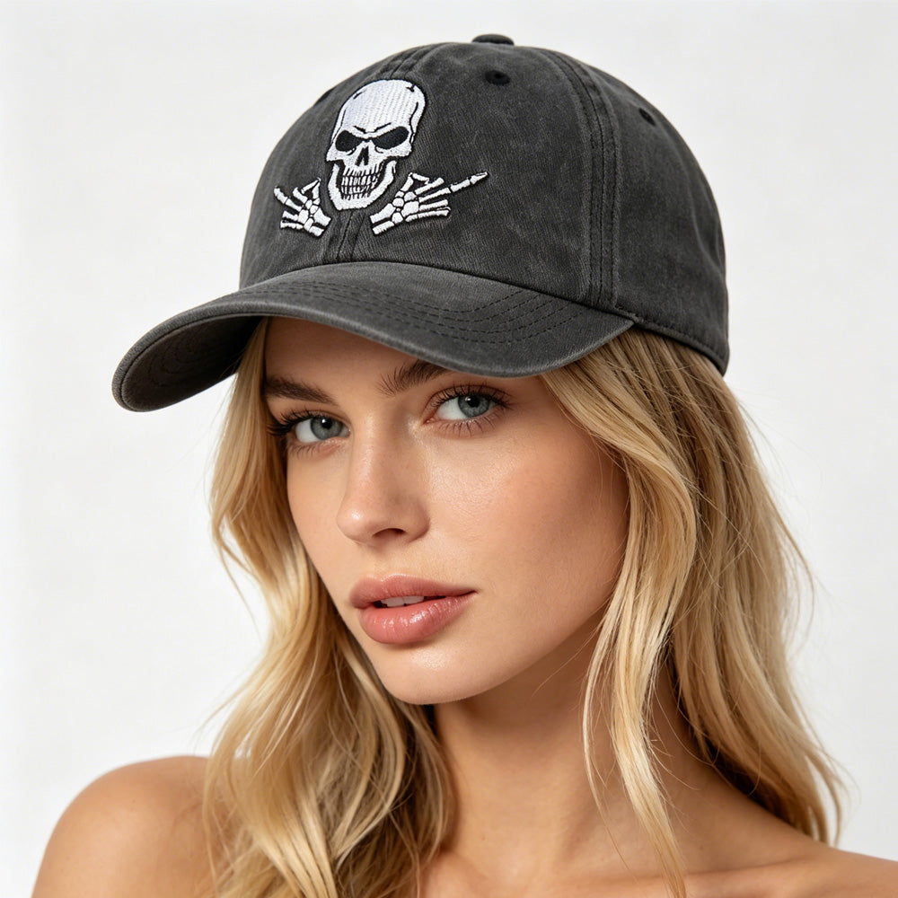 Adjustable Back, Black Distressed Cotton Baseball Hat With Embroidered Skull