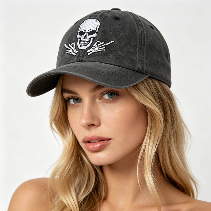 Adjustable Back, Black Distressed Cotton Baseball Hat With Embroidered Skull