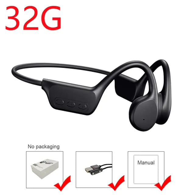 IPX8 waterproof bone conduction headphones for swimming with 32GB, includes charging cable and manual