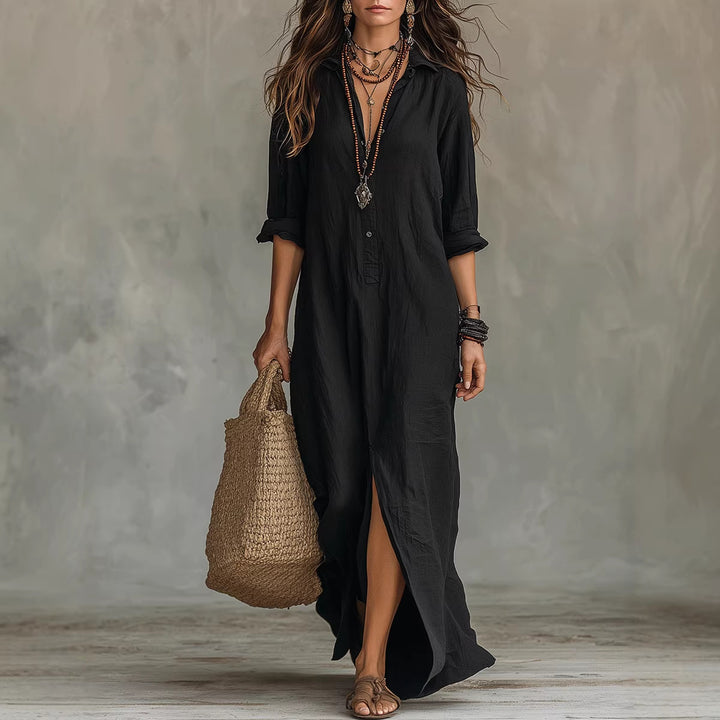 Long-sleeve Boho Maxi Dress Casual Solid Color Lapel Collar Side Slit Beach Dress
