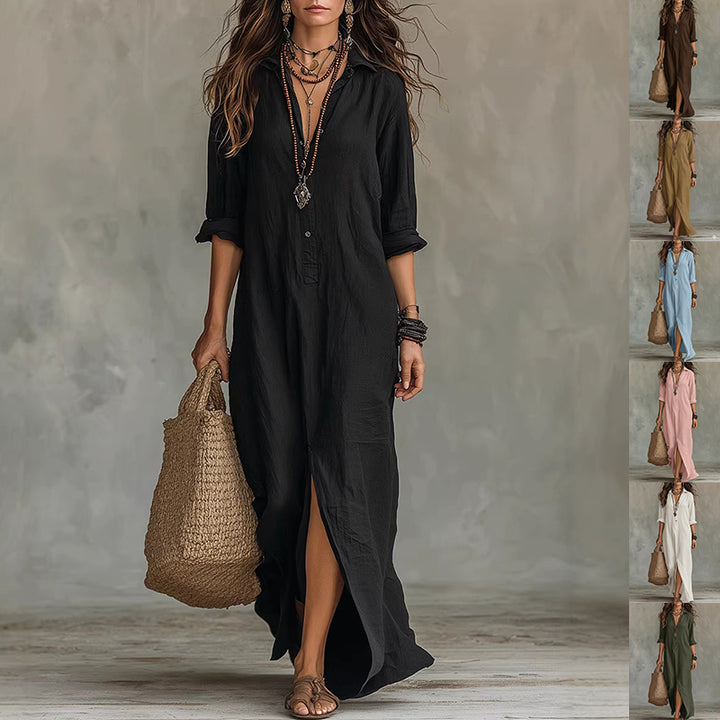 Long-sleeve Boho Maxi Dress Casual Solid Color Lapel Collar Side Slit Beach Dress