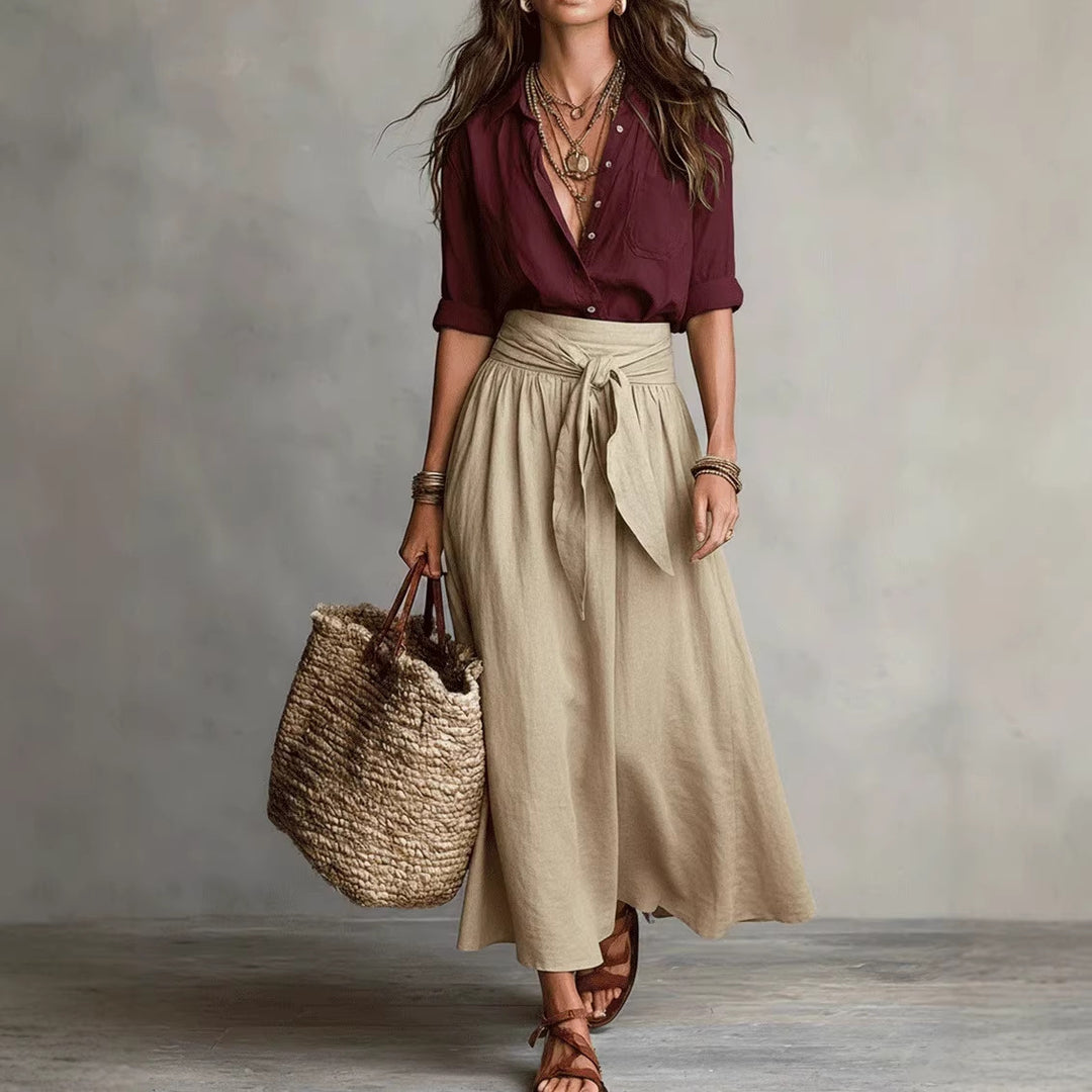 Women's Casual Boho Skirt And Shirt Two-Piece Outfit Set