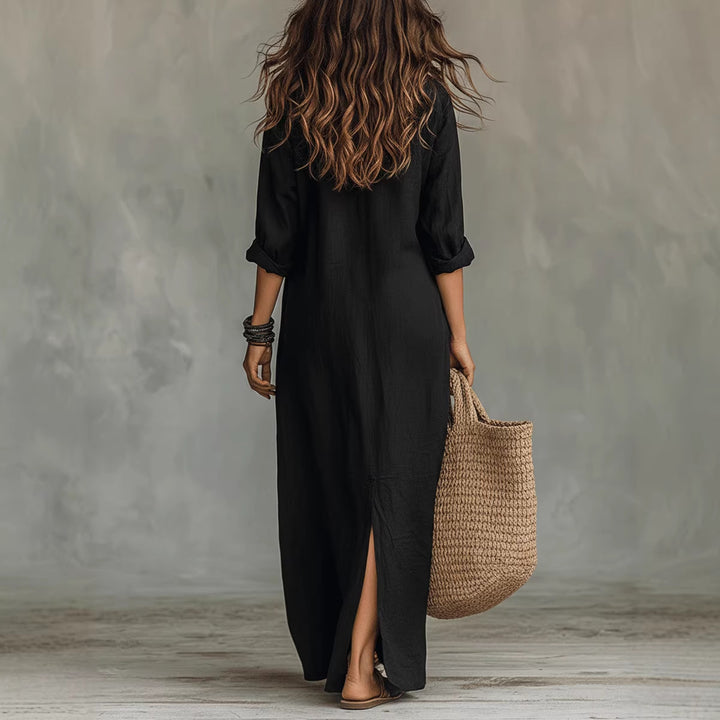 Long-sleeve Boho Maxi Dress Casual Solid Color Lapel Collar Side Slit Beach Dress