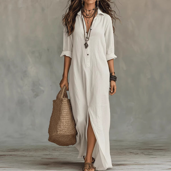 Long-sleeve Boho Maxi Dress Casual Solid Color Lapel Collar Side Slit Beach Dress