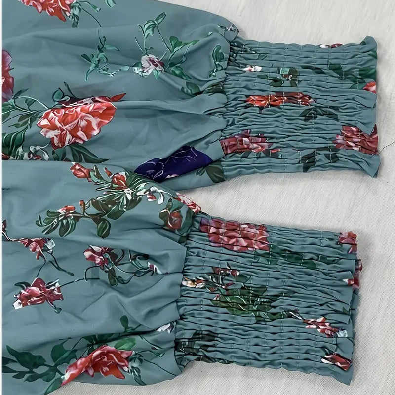 Women's Sexy V-Neck Long Sleeve Dress With Lace Trim & Elastic Cuffs - Flowy Floral Print A-Line Retro Dress