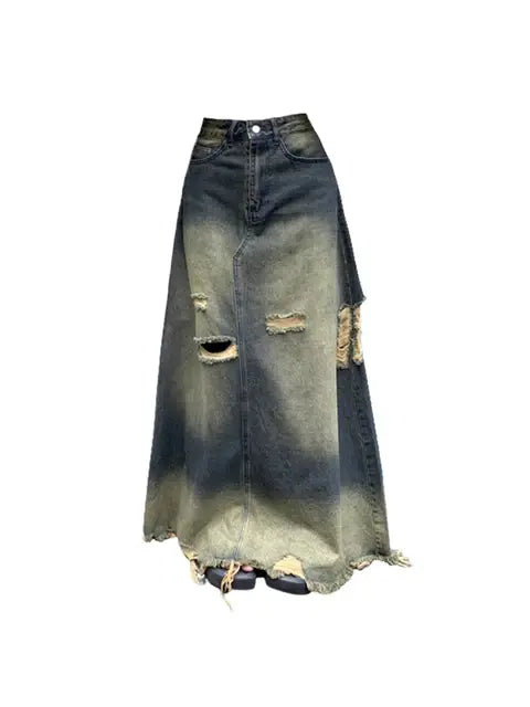 Sweet Style Basic A-Line Denim Skirt Autumn Office Lady American Retro  Jean Skirts Female Sexy High Waist Ripped Hole Hip Hop