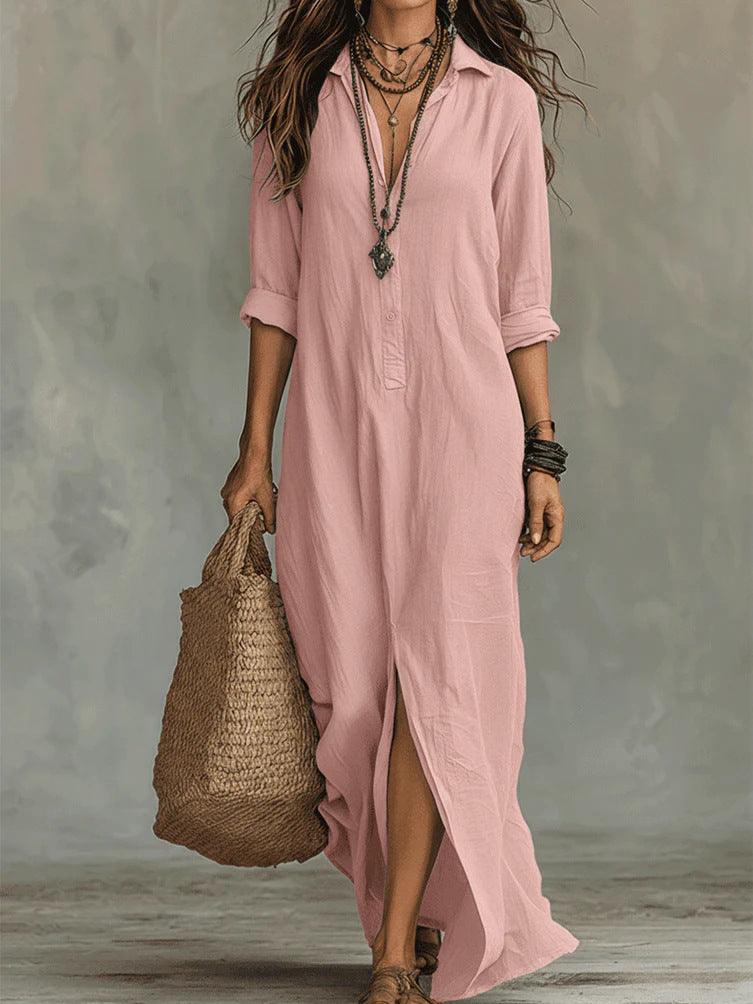 Long-sleeve Boho Maxi Dress Casual Solid Color Lapel Collar Side Slit Beach Dress