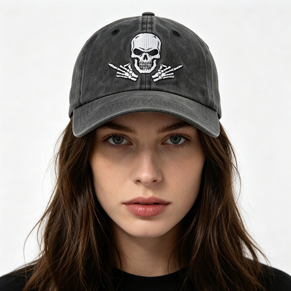 Adjustable Back, Black Distressed Cotton Baseball Hat With Embroidered Skull
