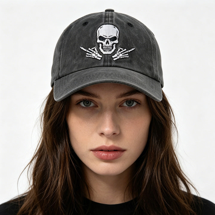 Adjustable Back, Black Distressed Cotton Baseball Hat With Embroidered Skull