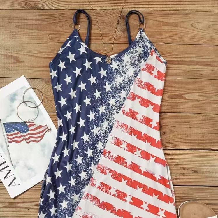 Ladies' V-neck American Flag Star Striped Pocket Shoulder Strap Mini Dress, Independence Day Dress