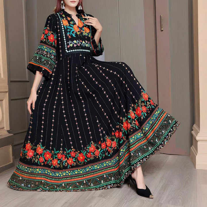 Women's Ethnic Style V-Neck Long Sleeve Dress - Embroidered Floral Pattern A-Line Maxi Dress With Printed Hem Middle Eastern Inspired Fashion