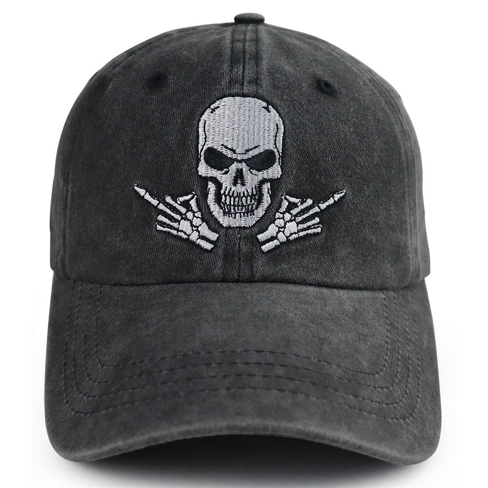 Adjustable Back, Black Distressed Cotton Baseball Hat With Embroidered Skull