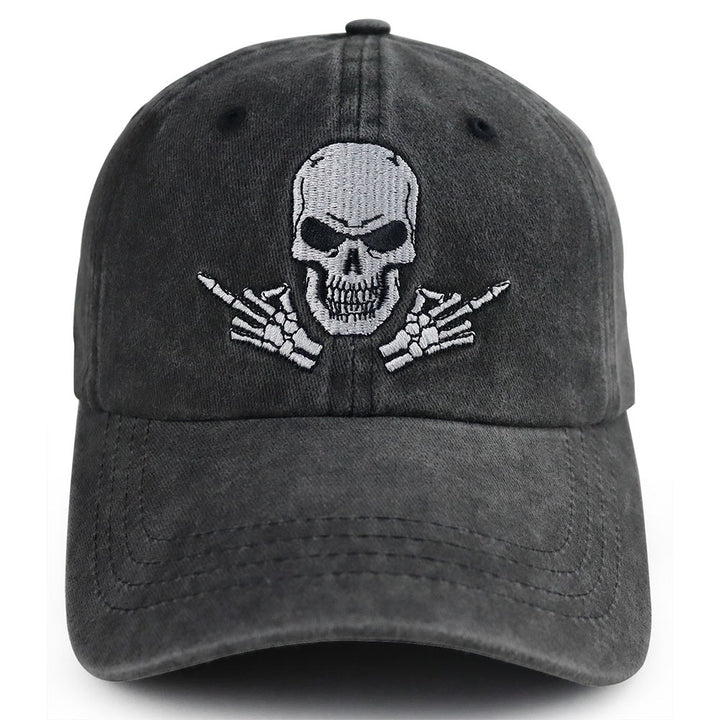 Adjustable Back, Black Distressed Cotton Baseball Hat With Embroidered Skull