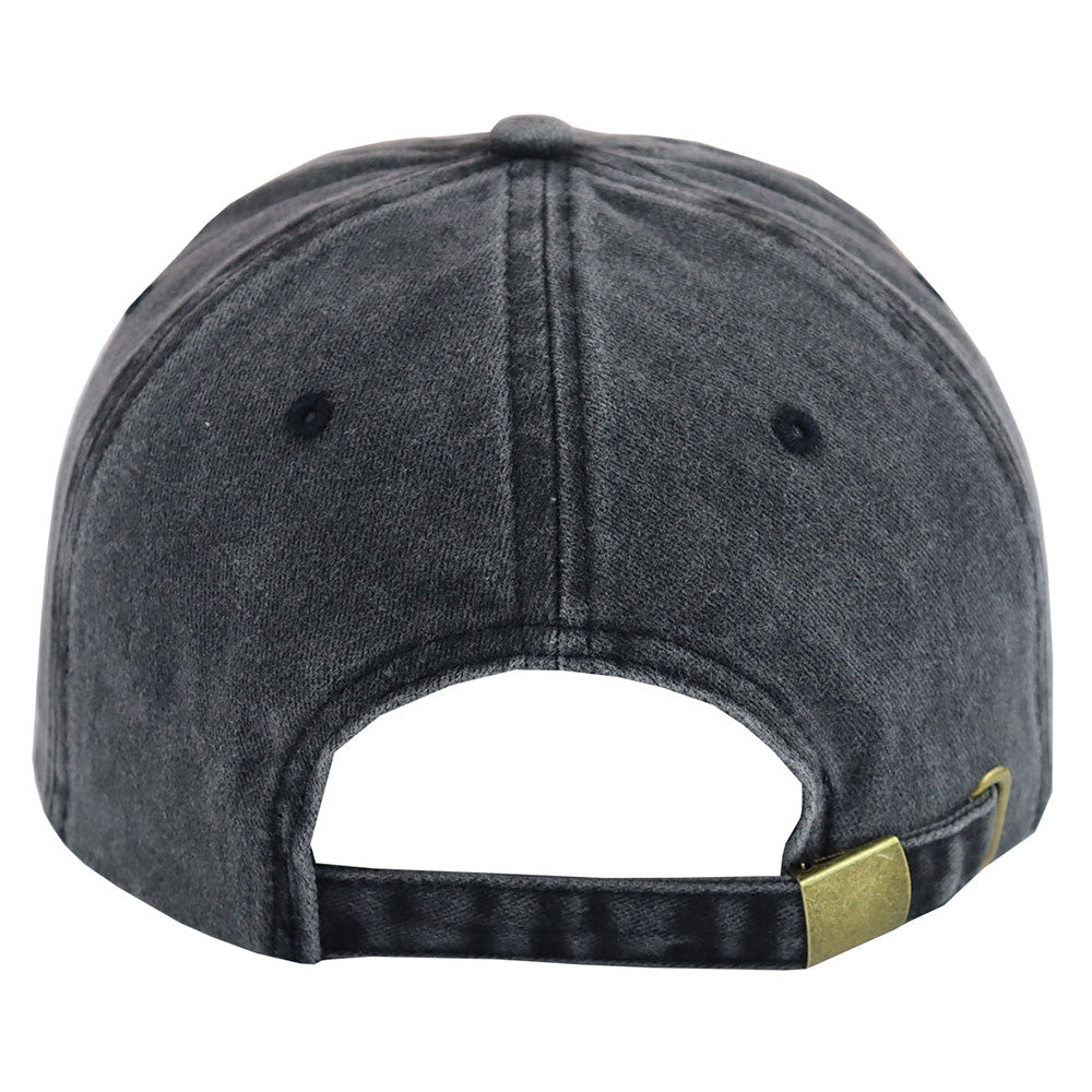 Adjustable Back, Black Distressed Cotton Baseball Hat With Embroidered Skull