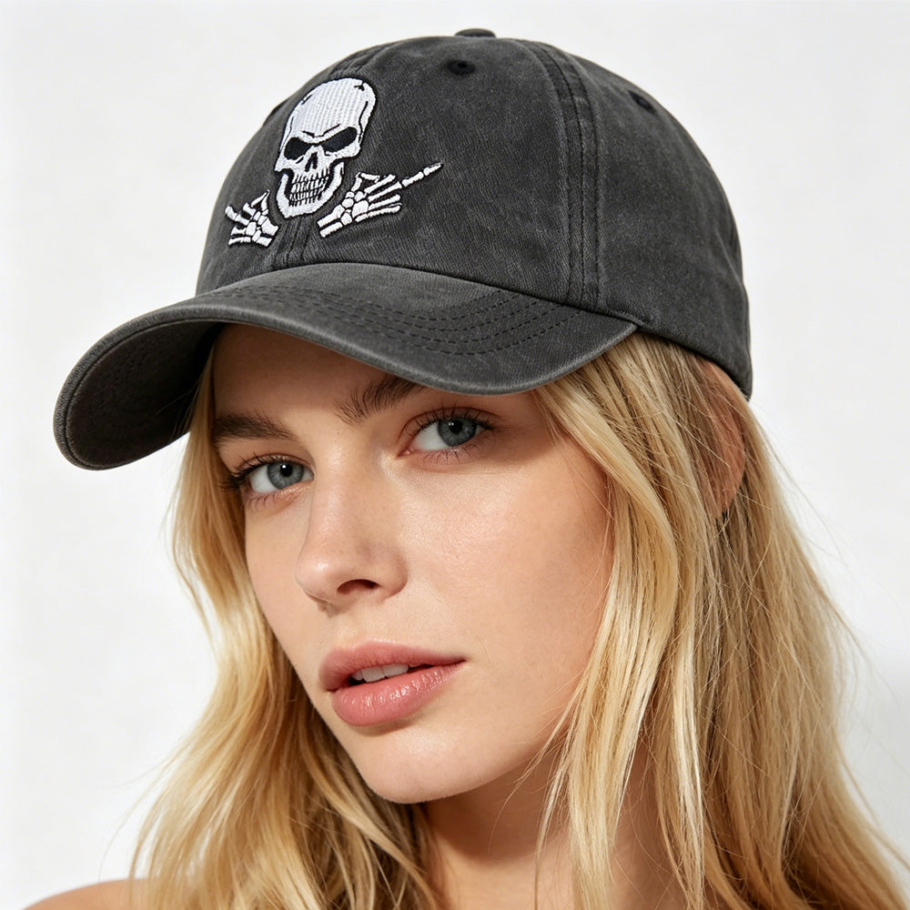 Adjustable Back, Black Distressed Cotton Baseball Hat With Embroidered Skull