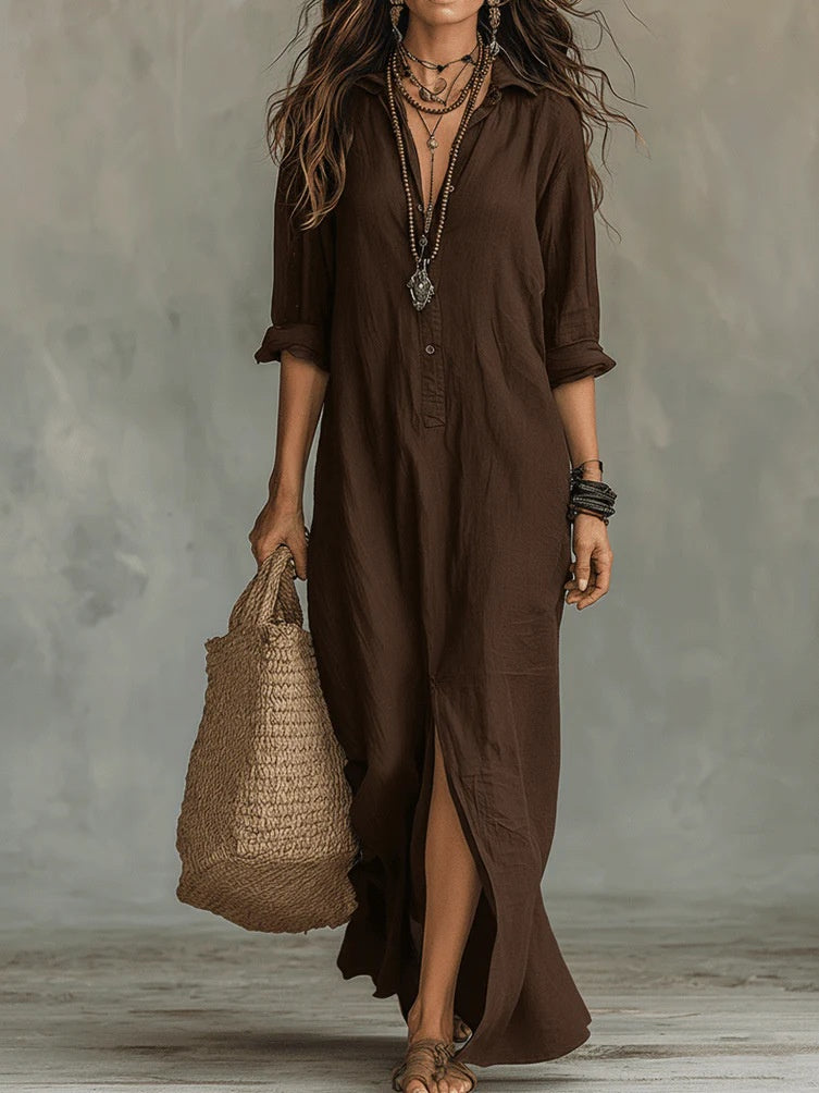 Long-sleeve Boho Maxi Dress Casual Solid Color Lapel Collar Side Slit Beach Dress