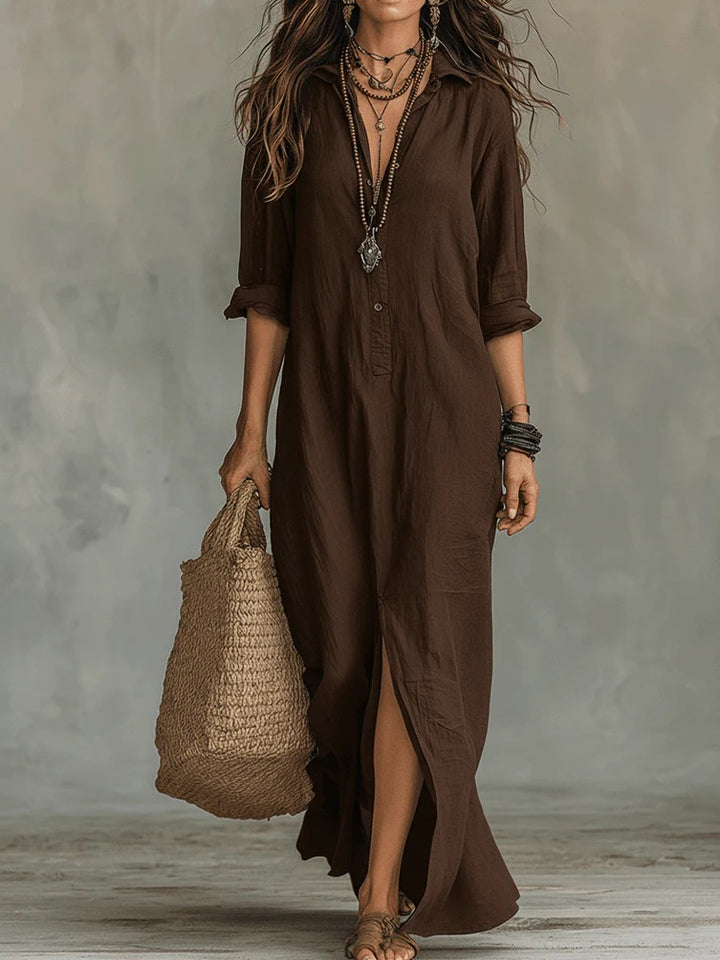 Long-sleeve Boho Maxi Dress Casual Solid Color Lapel Collar Side Slit Beach Dress