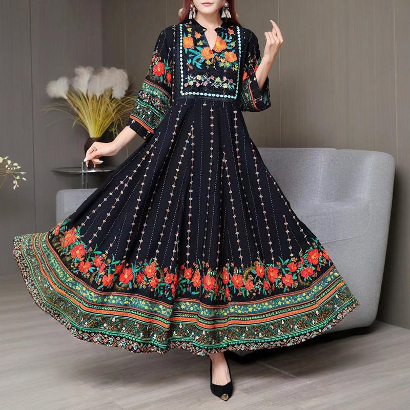 Women's Ethnic Style V-Neck Long Sleeve Dress - Embroidered Floral Pattern A-Line Maxi Dress With Printed Hem Middle Eastern Inspired Fashion