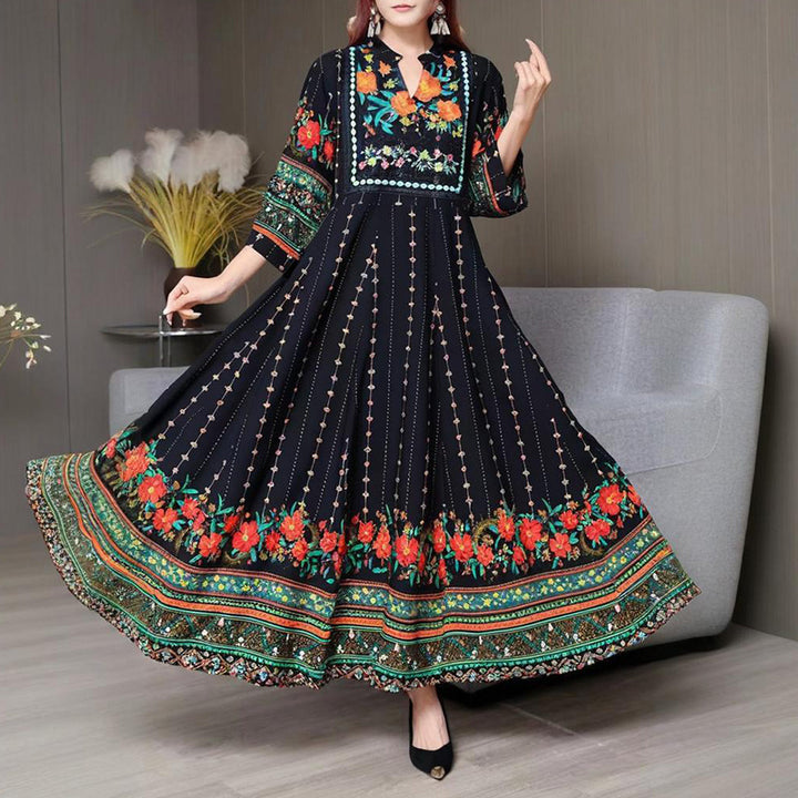 Women's Ethnic Style V-Neck Long Sleeve Dress - Embroidered Floral Pattern A-Line Maxi Dress With Printed Hem Middle Eastern Inspired Fashion
