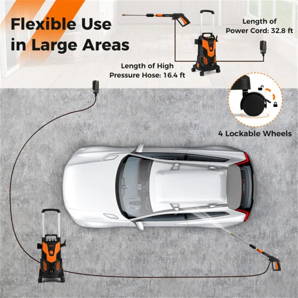 Orange Black 2300 PSI Electric Pressure Washer With 4 Quick-Connect Nozzles & Soap Bottle, 1900W High-Power Cleaner for Driveway or Patio