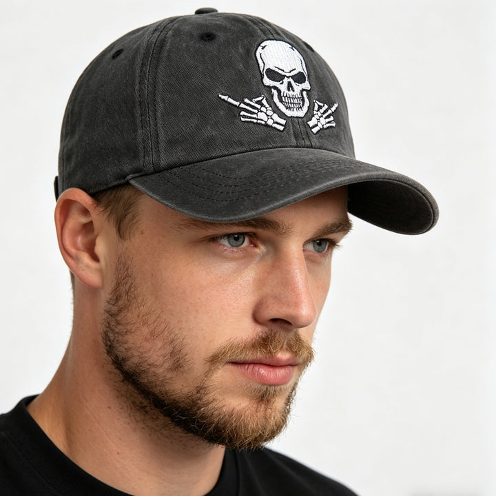 Adjustable Back, Black Distressed Cotton Baseball Hat With Embroidered Skull