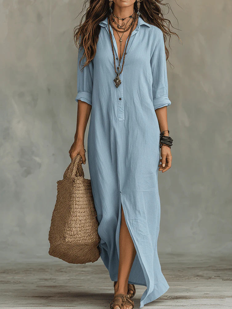 Long-sleeve Boho Maxi Dress Casual Solid Color Lapel Collar Side Slit Beach Dress