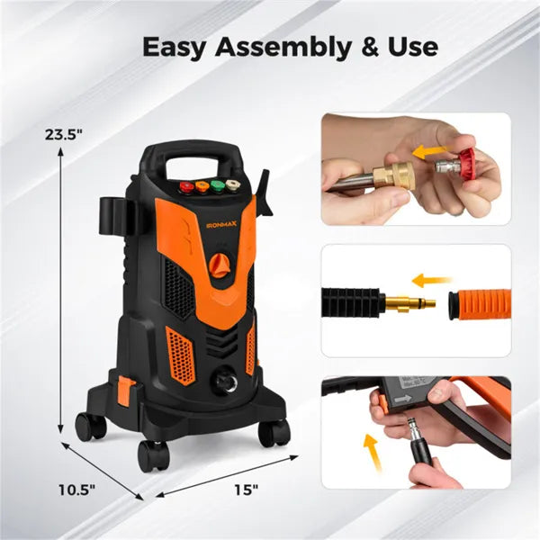 Orange Black 2300 PSI Electric Pressure Washer With 4 Quick-Connect Nozzles & Soap Bottle, 1900W High-Power Cleaner for Driveway or Patio