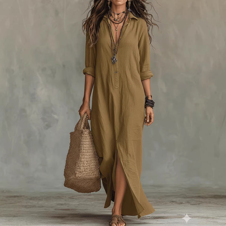 Long-sleeve Boho Maxi Dress Casual Solid Color Lapel Collar Side Slit Beach Dress