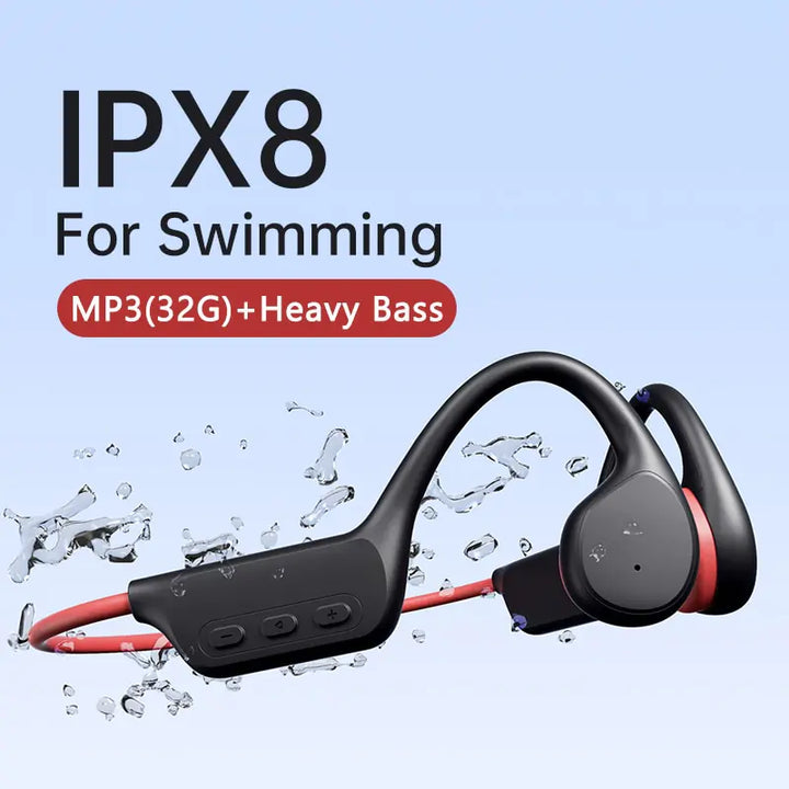 IPX8 waterproof bone conduction headphones for swimming with MP3 and heavy bass.