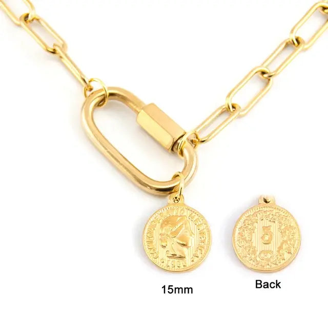 Stainless steel Women Necklace Lucky lock Coin Saint Carabiner hook charm Minimalist Casual Neck Chain Hiphop Female