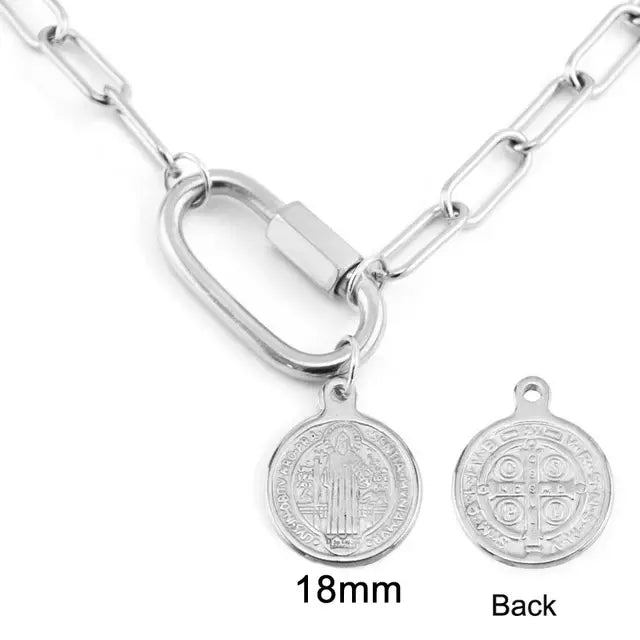 Stainless steel Women Necklace Lucky lock Coin Saint Carabiner hook charm Minimalist Casual Neck Chain Hiphop Female