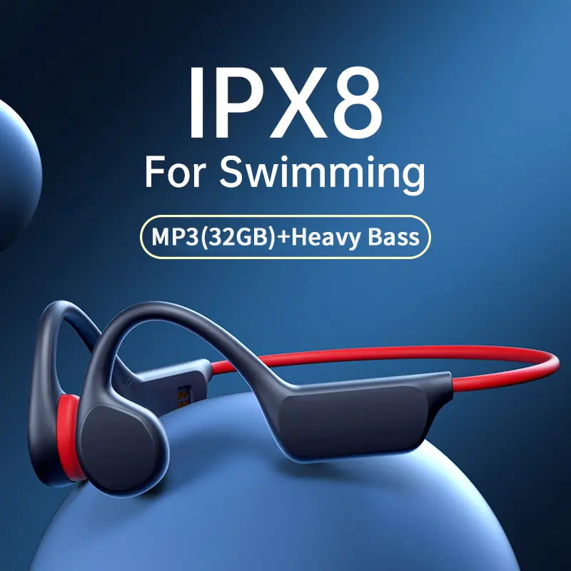 IPX8 waterproof bone conduction headphones for swimming with MP3 (32GB) and heavy bass features.