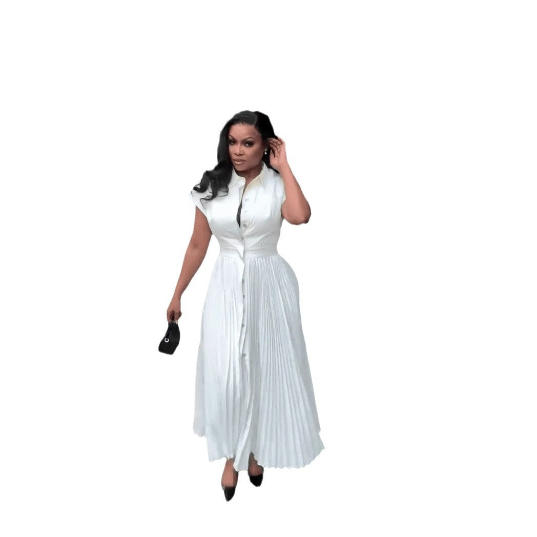 Women's Short Sleeve High Waist Pleated A- Line Dress