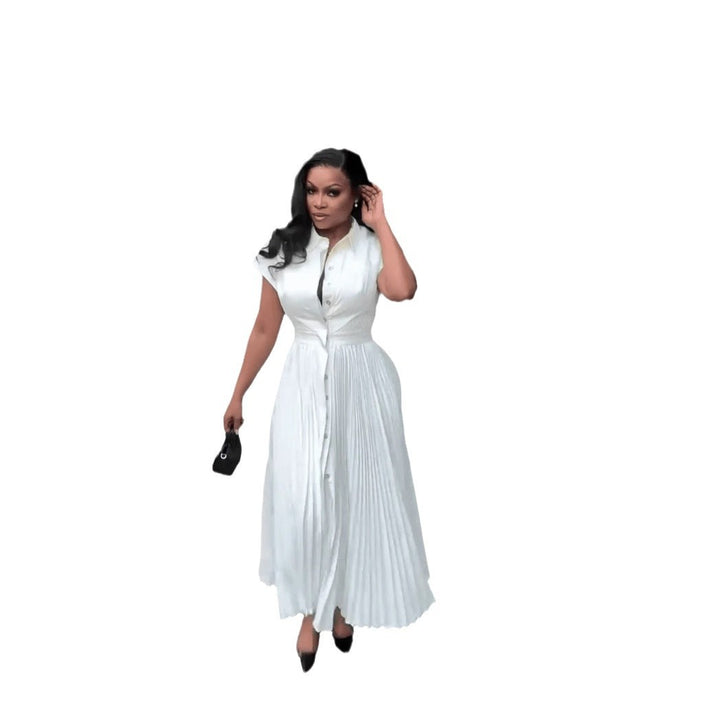 Women's Short Sleeve High Waist Pleated A- Line Dress