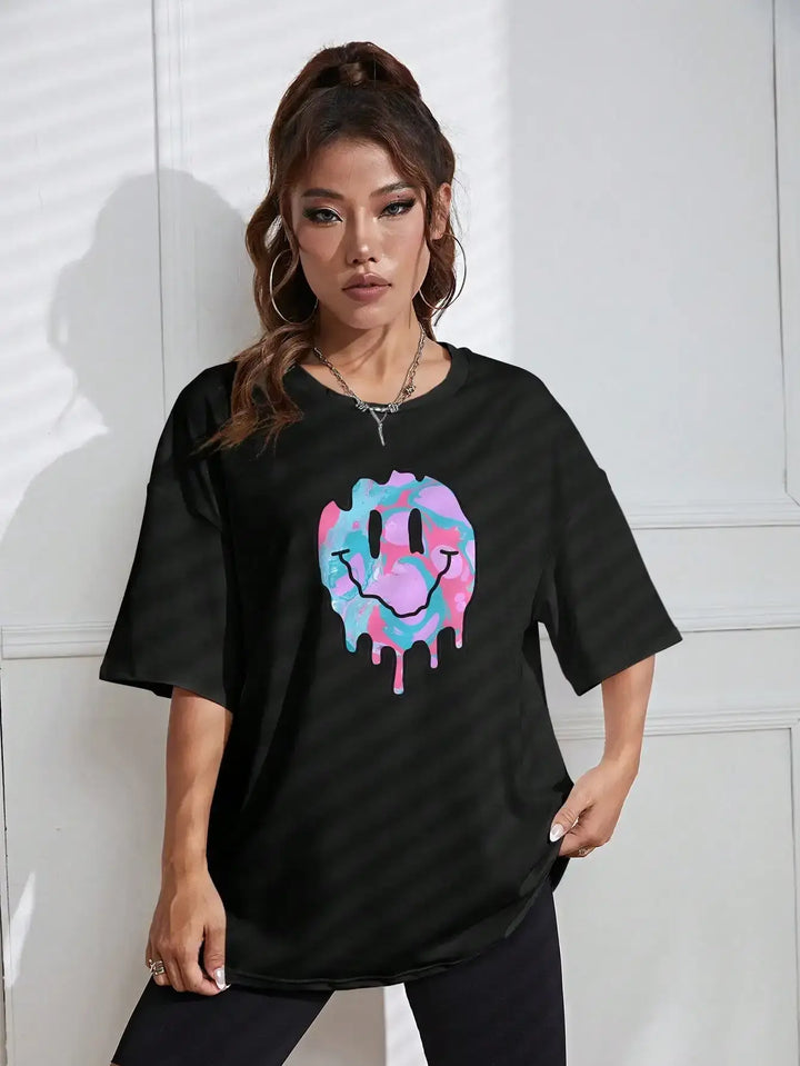 Graffiti Design Looks Happy Personality Graphic Female T Shirt Street Hip Hop Clothing Cool Cotton Tee Top Fashion Casual Tshirt