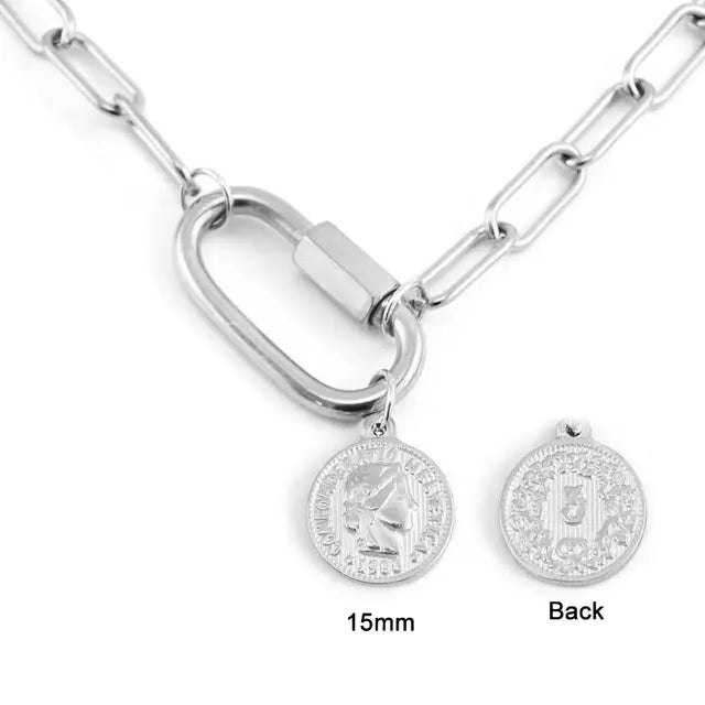 Stainless steel Women Necklace Lucky lock Coin Saint Carabiner hook charm Minimalist Casual Neck Chain Hiphop Female