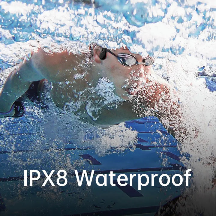 Swimmer using IPX8 waterproof bone conduction headphones in pool