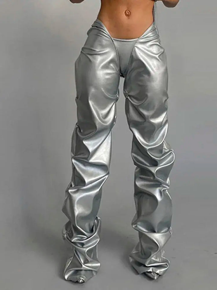 Shiny Silver Women Faux PU Leather Long Pants Irregular Sexy Stacked Joggers Low Waisted Female Pantalones Mujer Y2K Clothes