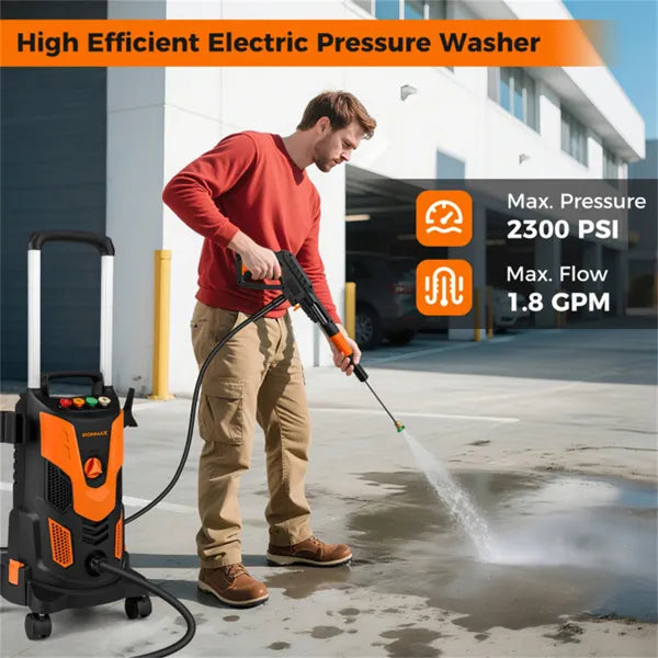 Orange Black 2300 PSI Electric Pressure Washer With 4 Quick-Connect Nozzles & Soap Bottle, 1900W High-Power Cleaner for Driveway or Patio