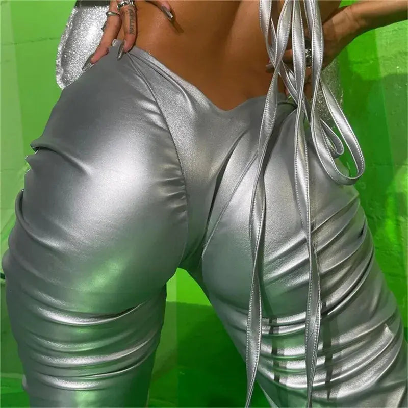 Shiny Silver Women Faux PU Leather Long Pants Irregular Sexy Stacked Joggers Low Waisted Female Pantalones Mujer Y2K Clothes