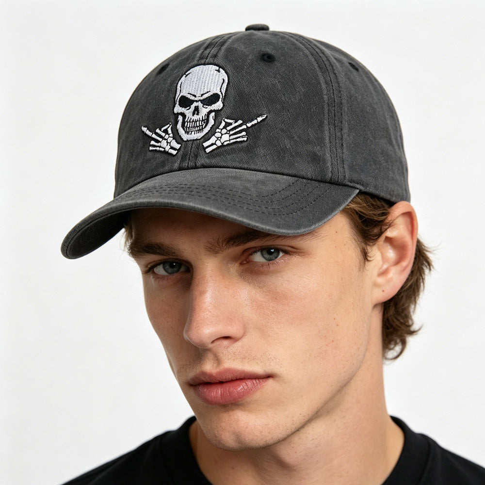 Adjustable Back, Black Distressed Cotton Baseball Hat With Embroidered Skull