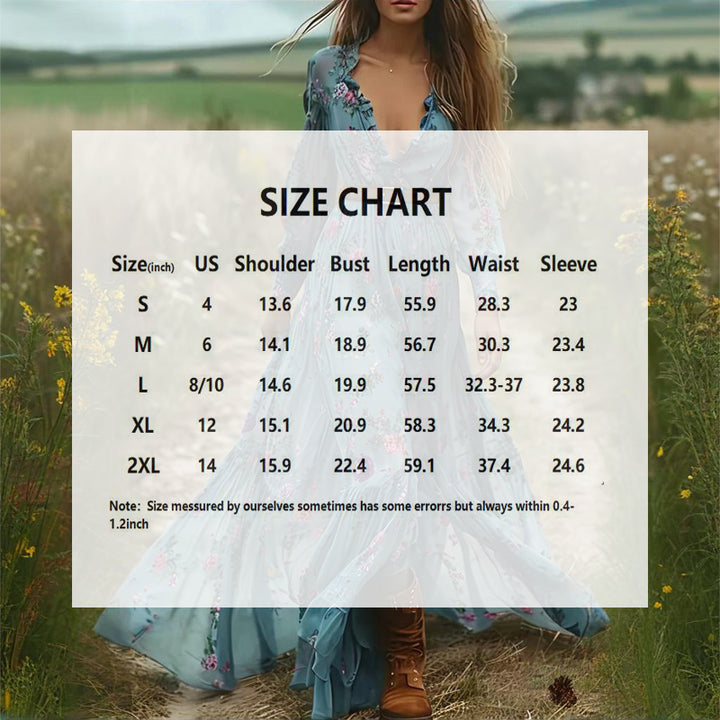 Women's Sexy V-Neck Long Sleeve Dress With Lace Trim & Elastic Cuffs - Flowy Floral Print A-Line Retro Dress