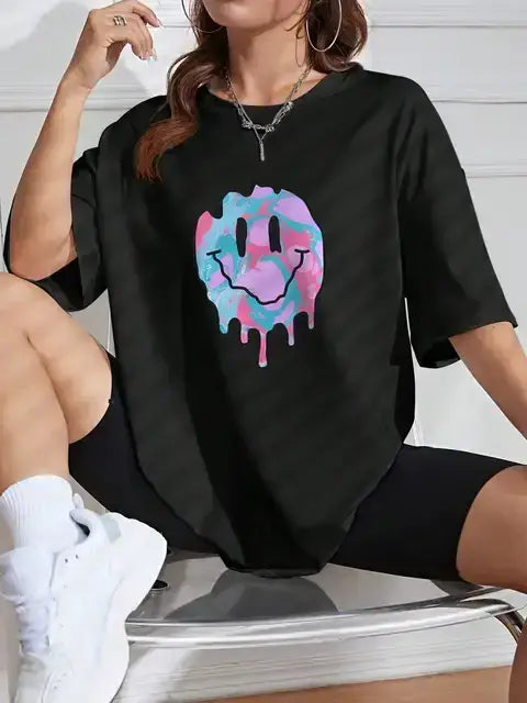 Graffiti Design Looks Happy Personality Graphic Female T Shirt Street Hip Hop Clothing Cool Cotton Tee Top Fashion Casual Tshirt