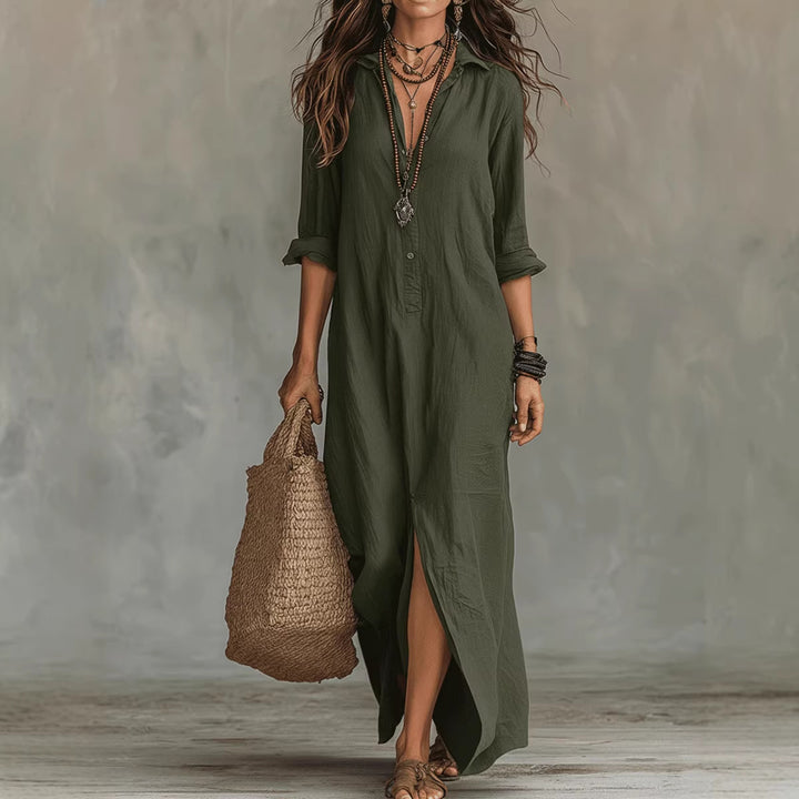 Long-sleeve Boho Maxi Dress Casual Solid Color Lapel Collar Side Slit Beach Dress