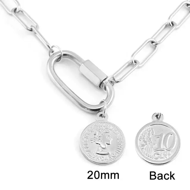 Stainless steel Women Necklace Lucky lock Coin Saint Carabiner hook charm Minimalist Casual Neck Chain Hiphop Female