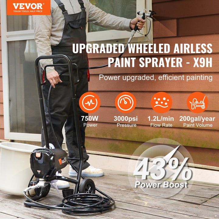 750W Stand Airless Paint Sprayer, 3000PSI High Efficiency Electric Airless Sprayer With Cart, Paint Sprayers For Home Interior And Exterior Furniture And Fences, Fine And Even Painting Effect