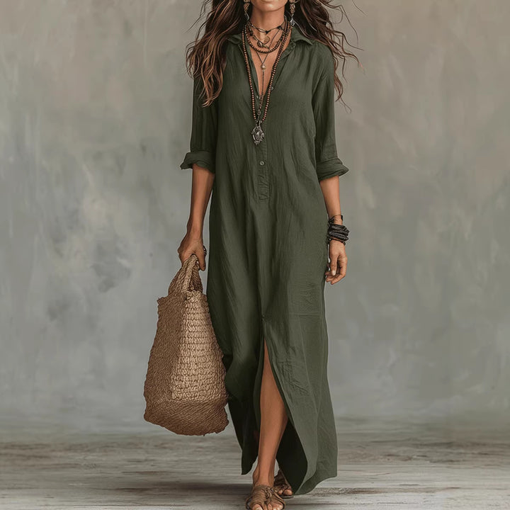 Long-sleeve Boho Maxi Dress Casual Solid Color Lapel Collar Side Slit Beach Dress