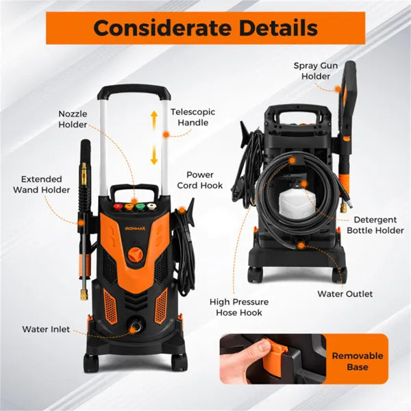 Orange Black 2300 PSI Electric Pressure Washer With 4 Quick-Connect Nozzles & Soap Bottle, 1900W High-Power Cleaner for Driveway or Patio