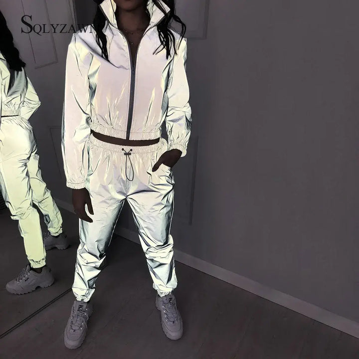 Women Tracksuit Hip Hop Reflective Crop Top Pants 2 Piece Set Fashion Female Loose Zipper Jacket Coat Matching Sets Plus Size