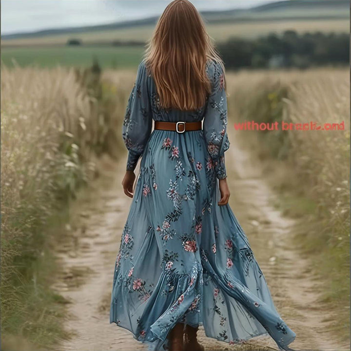 Women's Sexy V-Neck Long Sleeve Dress With Lace Trim & Elastic Cuffs - Flowy Floral Print A-Line Retro Dress